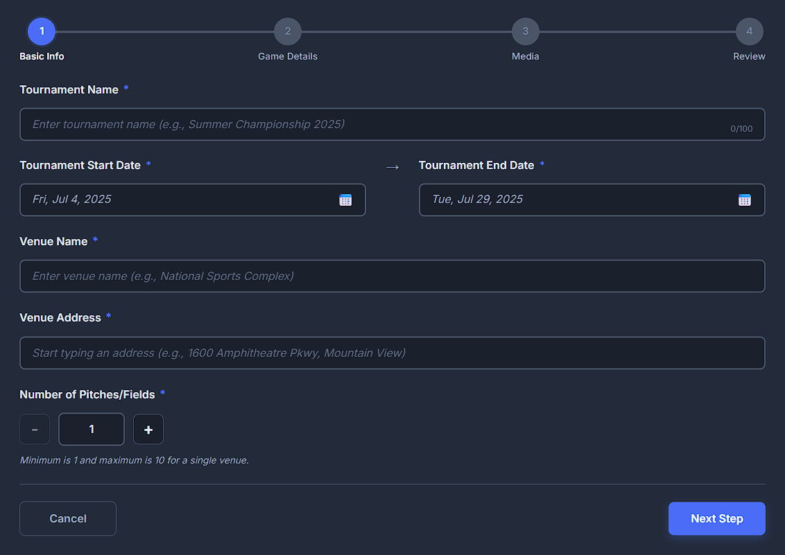 Tournament creation wizard with name, dates, venue, and pitch fields